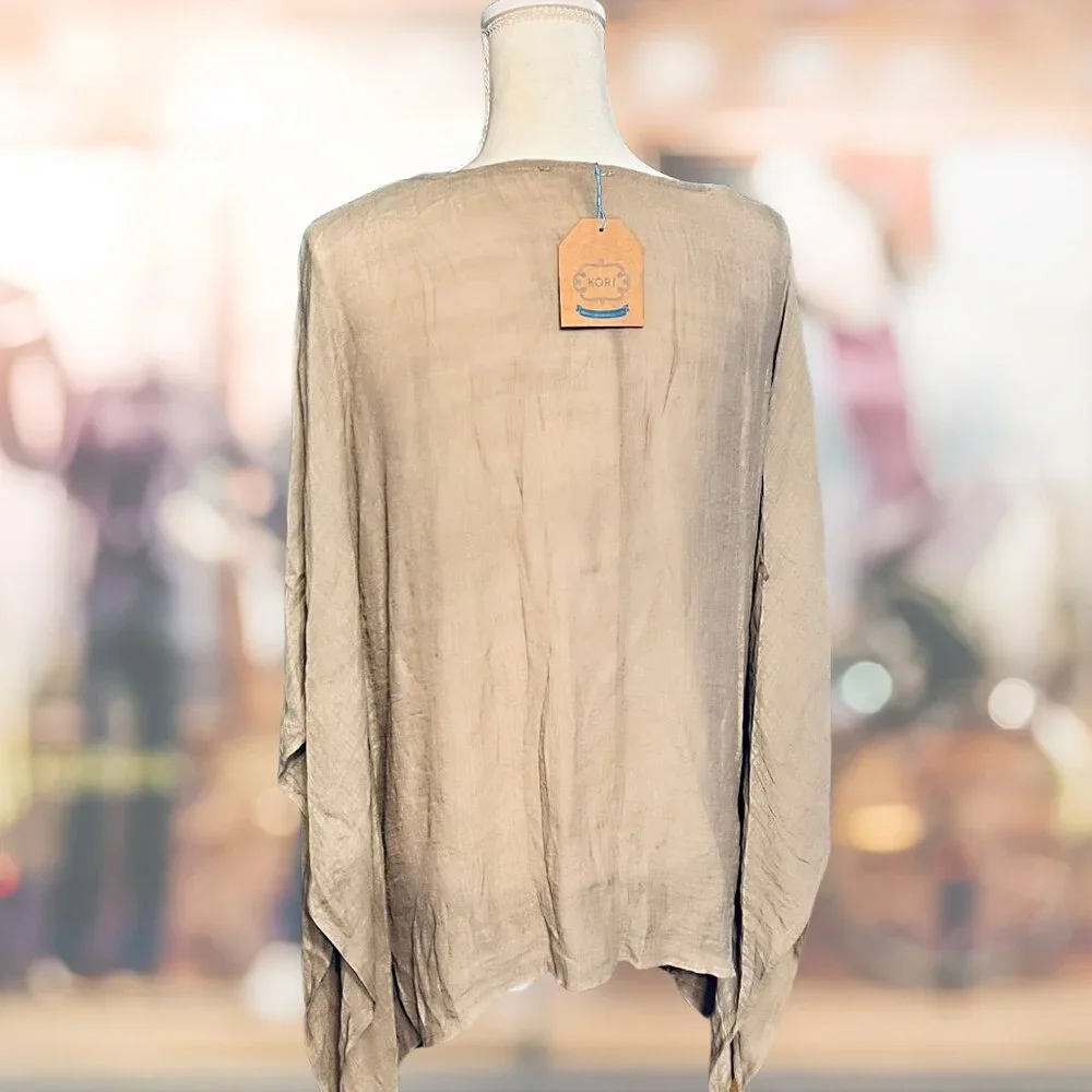 Taupe Boho Style Tunic Top with Turquoise Embroidery and Tassel Tie Bodice NWT - Picture 6 of 6